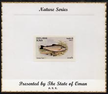 Oman 1972 Fish (Common Trout) imperf (5b value) mounted on special Nature Series presentation card inscribed Presented by the State of Oman, stamps on fish, stamps on trout