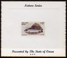 Oman 1972 Fish (Galway Sea Trout) imperf (15b value) mounted on special 'Nature Series' presentation card inscribed 'Presented by the State of Oman', stamps on fish, stamps on trout