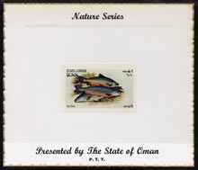 Oman 1972 Fish (Char) imperf (1b value) mounted on special Nature Series presentation card inscribed Presented by the State of Oman, stamps on fish, stamps on charr