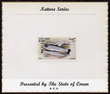 Oman 1972 Fish (Sewen) imperf (3b value) mounted on special Nature Series presentation card inscribed Presented by the State of Oman, stamps on fish, stamps on sewen