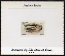 Oman 1972 Fish (Lamprey) imperf (2b value) mounted on special Nature Series presentation card inscribed Presented by the State of Oman, stamps on fish, stamps on lamprey