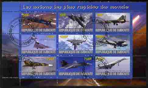 Djibouti 2010 Worlds Fastest Planes perf sheetlet containing 9 values fine cto used, stamps on aviation, stamps on concorde