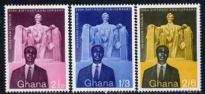 Ghana 1959 Birth Anniversary of Abraham Lincoln perf set of 3 unmounted mint, SG 204-06, stamps on lincoln, stamps on personalities, stamps on americana, stamps on usa presidents, stamps on statues
