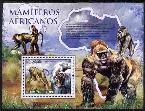 St Thomas & Prince Islands 2010 Animals of Africa - Monkeys perf souvenir sheet unmounted mint , stamps on animals, stamps on monkeys, stamps on apes