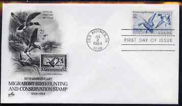 United States 1984 Migratory Bird Hunting and Conservation Stamp Act 20c on illustrated cover with first day cancel, SG 2089, stamps on birds, stamps on hunting, stamps on stamp on stamp, stamps on , stamps on stamponstamp