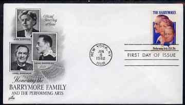 United States 1982 Performing Arts - The Barrymores (theatrical family) on illustrated cover with first day cancel, SG 1989, stamps on entertainments, stamps on theatre, stamps on films