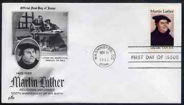 United States 1983 500th Birth Anniversary of Martin Luther (religious reformer) on illustrated cover with first day cancel, SG 2062, stamps on personalities, stamps on religion, stamps on bibles