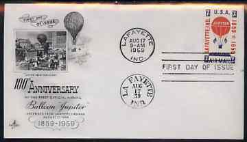 United States 1959 Centenary of Balloon Jupiters Mail-carrying Flight on illustrated cover with first day cancel, SG A1132, stamps on balloons, stamps on postal