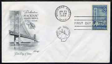 United States 1958 Mackinac Bridge Commemoration on illustrated cover with first day cancel, SG 1108, stamps on bridges, stamps on civil engineering