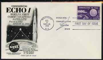 United States 1960 Echo 1 Communications for Peace on illustrated cover with first day cancel, SG 1172, stamps on space, stamps on satellites