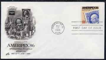 United States 1985 Ameripex '86 Stamp Exhibition on illustrated cover with special Writer's Day day cancel, SG 2187, stamps on stamp exhibitions, stamps on stamp on stamp, stamps on americana, stamps on stamponstamp