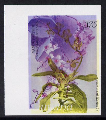 Guyana 1985-89 Orchids Series 2 plate 96 (Sanders' Reichenbachia) unmounted mint imperf single in black & yellow colours only with blue & red from another value (plate 68) printed inverted, most unusual and spectacular, stamps on flowers  orchids