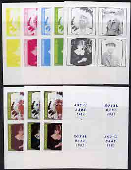 Staffa 1982 Royal Baby opt on 1981 Royal Wedding imperf sheetlet containing set of 4, the  set of 9 progressive proofs comprising the 5 individual colours plus two 2-colo..., stamps on charles, stamps on diana, stamps on royalty, stamps on william
