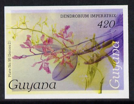 Guyana 1985-89 Orchids Series 2 plate 95 (Sanders' Reichenbachia) unmounted mint imperf single in black & yellow colours only with blue & red from another value (plate 59) printed inverted, most unusual and spectacular, stamps on flowers  orchids