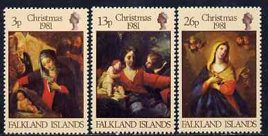 Falkland Islands 1981 Christmas Paintings perf set of 3 unmounted mint, SG 409-11, stamps on arts, stamps on christmas