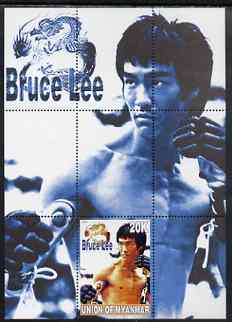 Myanmar 2000 Bruce Lee perf souvenir sheet #01 (blue background) unmounted mint, stamps on films, stamps on cinema, stamps on movies, stamps on entertainments, stamps on personalities, stamps on martial arts, stamps on 