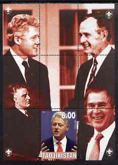 Tadjikistan 2000 Bill Clinton (with other US Presidents) perf souvenir sheet unmounted mint with Scout logos in margin, stamps on personalities, stamps on scouts, stamps on presidents