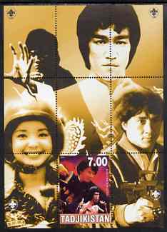 Tadjikistan 2000 Bruce Lee perf souvenir sheet unmounted mint with Scout logos in margin, stamps on films, stamps on cinema, stamps on movies, stamps on entertainments, stamps on personalities, stamps on martial arts, stamps on scouts