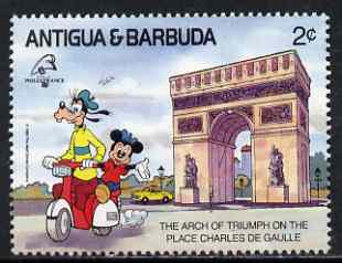 Antigua 1989 Scooter Ride past Arc de Triomphe 2c (from Disney Philexfrance 89 set) unmounted mint, SG 1300, stamps on motorbikes, stamps on monuments, stamps on heritage