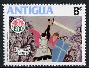 Antigua 1980 The Forbidden Forest Scene 8c (from Disney Sleeping Beauty Christmas set) unmounted mint, SG 675, stamps on trees, stamps on swords, stamps on horses
