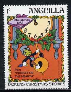 Anguilla 1983 Jiminy Cricket on Hearth 1c (from Disney 'Dickens Christmas Stories' set) unmounted mint, SG 577, stamps on clocks, stamps on dickens
