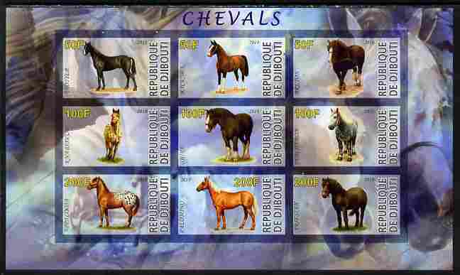 Djibouti 2010 Horses imperf sheetlet containing 9 values unmounted mint, stamps on animals, stamps on horses