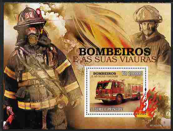 St Thomas & Prince Islands 2010 Fire Fighters perf souvenir sheet unmounted mint , stamps on fire