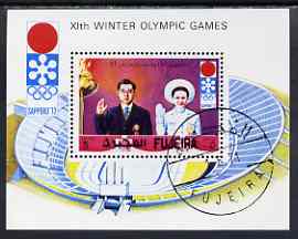 Fujeira 1971 Sapporo Winter Olympics perf m/sheet Japanese Crown Prince & Stadium) cto used, Mi BL 64A, stamps on sport, stamps on stadium, stamps on royalty, stamps on olympics, stamps on civil engineering
