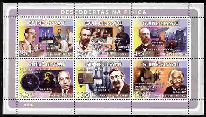 Guinea - Bissau 2008 Pioneers of Physics perf sheetlet containing 6 values unmounted mint Michel 3986-91, stamps on personalities, stamps on einstein, stamps on science, stamps on physics, stamps on nobel, stamps on maths, stamps on space, stamps on judaica, stamps on atomics, stamps on curie, stamps on microscopes, stamps on maths, stamps on mathematics