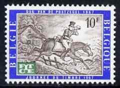 Belgium 1967 Telecommunications Day - opt on Stamp Day (19th cent Postman) unmounted mint, SG 2021, stamps on postal, stamps on postman, stamps on horses, stamps on communications