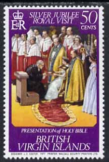 British Virgin Islands 1977 Royal Visit 50c (Presentation of Bible) unmounted mint with wmk inverted, SG 373w*, stamps on royalty, stamps on visits, stamps on bibles