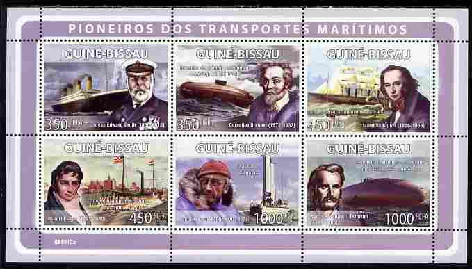 Guinea - Bissau 2008 Pioneers of Marine Transport perf sheetlet containing 6 values unmounted mint Michel 4000-05, stamps on , stamps on  stamps on personalities, stamps on  stamps on transport, stamps on  stamps on ships, stamps on  stamps on scuba, stamps on  stamps on submarines, stamps on  stamps on paddle steamers, stamps on  stamps on 