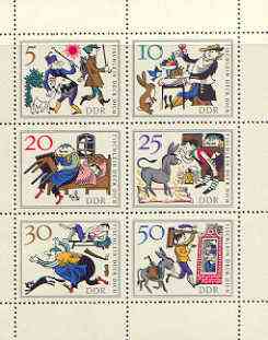 Germany - East 1966 Fairy Tales #01 - The Wishing Table, perf sheetlet containing set of 6 values unmounted mint, SG E957a, stamps on fairy tales, stamps on literature, stamps on donkeys