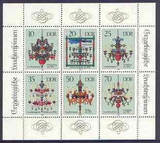 Germany - East 1989 Chandeliers from the Erzgebirge perf sheetlet containing set of 6 values unmounted mint, SG E2989a, stamps on artefacts, stamps on antiques, stamps on candles