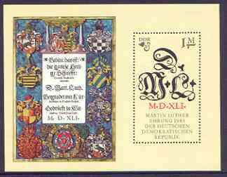 Germany - East 1983 500th Birth Anniversary of Martin Luther (Protestant) perf m/sheet unmounted mint, SG E2548, stamps on religion, stamps on heraldry, stamps on arms