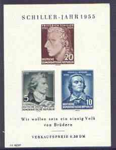 Germany - East 1955 150th Death Anniversary of Schiller (poet) imperf m/sheet unmounted mint, SG MS E212a, stamps on personalities, stamps on literature, stamps on poetry