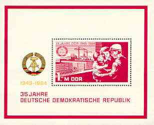 Germany - East 1984 35th Anniversary of Democratic Republic (2nd issue) perf m/sheet unmounted mint, SG MS E2607, stamps on constitutions, stamps on housing, stamps on cranes