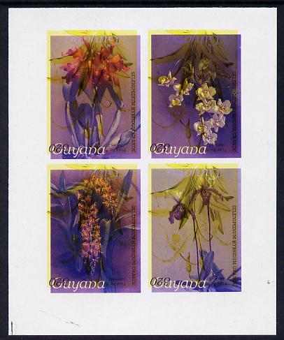 Guyana 1985-89 Orchids Series 2 Plate 46, 55, 57 & 81 (Sanders' Reichenbachia) unmounted mint imperf se-tenant sheetlet of 4 in blue & red colours only with black & yellow from another value (plate 16) printed inverted, most unusual and spectacular, stamps on flowers  orchids