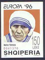 Albania 1996 Europa - Famous Women (Mother Teresa) imperf m/sheet unmounted mint, SG MS 2628, stamps on europa, stamps on teresa, stamps on nobel, stamps on women, stamps on 