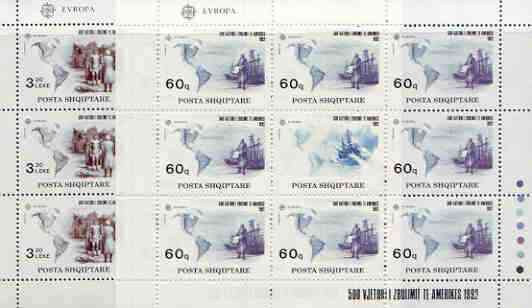 Albania 1992 Europa - 500th Anniversary of Discovery of America by Columbus perf set of 2 each in sheetlets of 8 plus label unmounted mint, SG 2535-36, stamps on europa, stamps on maps, stamps on columbus