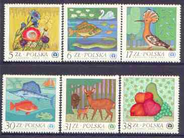 Poland 1983 Environmental Protection perf set of 6 unmounted mint, SG 2863-68, stamps on environment, stamps on fish, stamps on fruit, stamps on deer, stamps on hoopoe, stamps on flowers