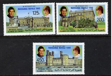 Comoro Islands 1982 Birth of Prince William opt on perf Royal Wedding set of 3 unmounted mint, SG 485-7, stamps on royalty, stamps on charles, stamps on diana, stamps on william