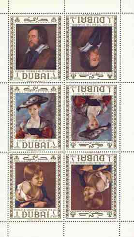 Dubai 1967 Paintings perf m/sheet containing the set of 3 each in tete-beche pairs unmounted mint, SG MS 256, stamps on arts, stamps on children, stamps on murillo, stamps on rubens, stamps on 