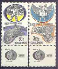 Czechoslovakia 1969 1st Man on the Moon perf set of 2 plus labels unmounted mint, SG 1839-40, stamps on space, stamps on airports