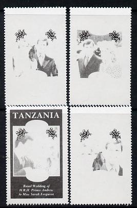 Tanzania 1986 Royal Wedding (Andrew & Fergie) the unissued perf set of 4 values (10s, 20s, 60s & 80s) in proof singles printed in black colour only unmounted mint, stamps on royalty, stamps on andrew, stamps on fergie, stamps on 