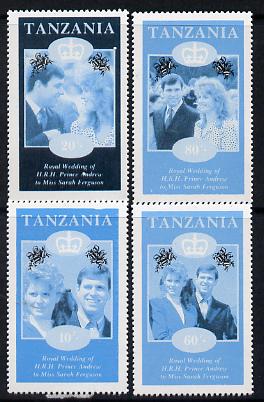 Tanzania 1986 Royal Wedding (Andrew & Fergie) the unissued perf set of 4 values (10s, 20s, 60s & 80s) in proof singles printed in blue & black colours only unmounted mint, stamps on royalty, stamps on andrew, stamps on fergie, stamps on 