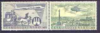 Czechoslovakia 1960 National Philatelic Exhibition (2nd issue) perf set of 2 unmounted mint, SG 1183-84, stamps on stamp exhibitions, stamps on aviation, stamps on helicopters, stamps on mail coaches, stamps on 