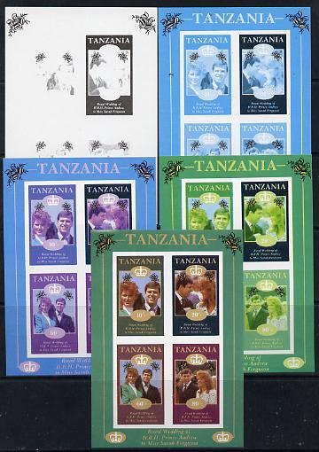 Tanzania 1986 Royal Wedding (Andrew & Fergie) the unissued imperf sheetlet (containing 10s, 20s, 60s & 80s values) set of 5 progressive colour proofs comprising single colour and various composites unmounted mint, stamps on royalty, stamps on andrew, stamps on fergie, stamps on bells