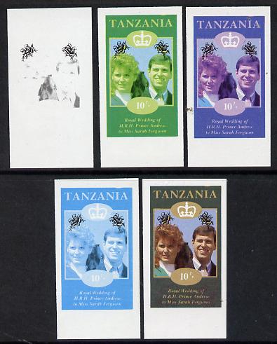 Tanzania 1986 Royal Wedding (Andrew & Fergie) the unissued 10s value in set of 5 imperf progressive colour proofs comprising single colour and various composites unmounted mint, stamps on , stamps on  stamps on royalty, stamps on  stamps on andrew, stamps on  stamps on fergie, stamps on  stamps on 
