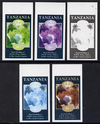 Tanzania 1986 Royal Wedding (Andrew & Fergie) the unissued 20s value in set of 5 imperf progressive colour proofs comprising single colour and various composites unmounte..., stamps on royalty, stamps on andrew, stamps on fergie, stamps on 